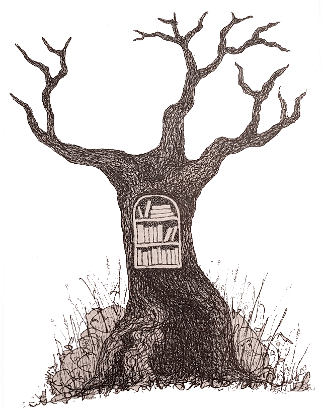 Pen-and-ink drawing of a bare tree with a small bookshelf built into its trunk — hand-drawn art from the first Legend of Rah attempt (2022)