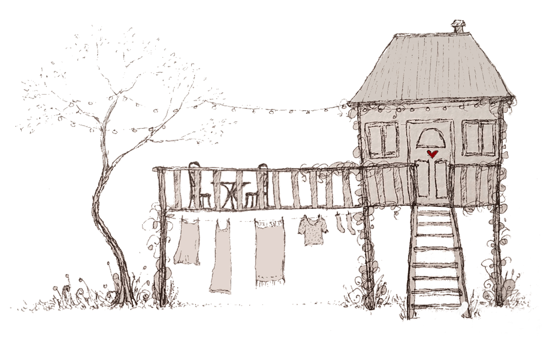 Pen-and-watercolor drawing of a treehouse with a ladder, a washing line, and a small red heart over the door — hand-drawn art from the first Legend of Rah attempt (2022)