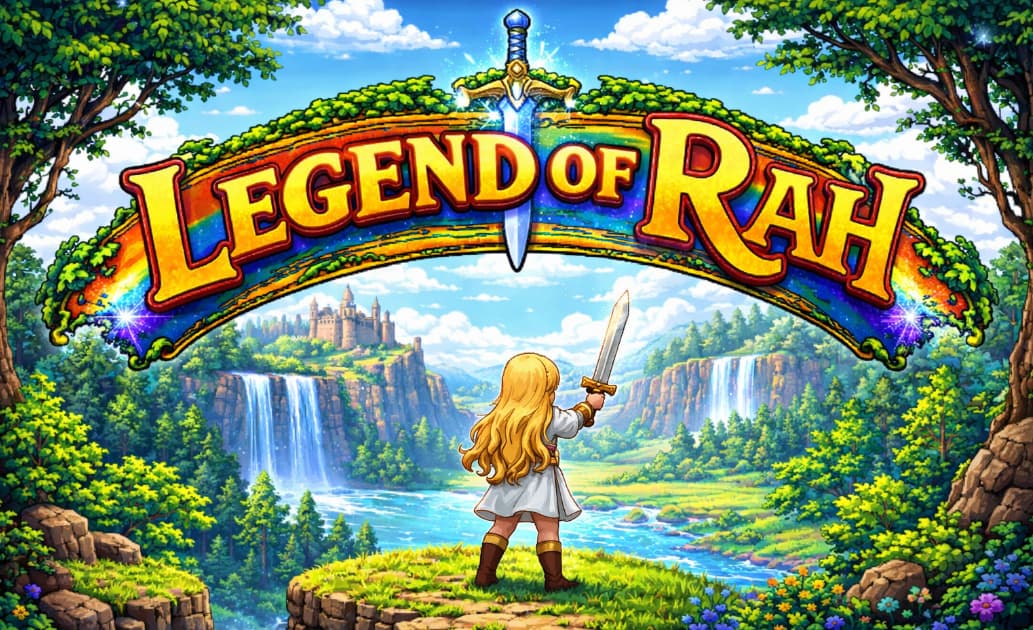 Painted title art: Rah stands sword-raised overlooking a green valley with twin waterfalls and a castle on a cliff, beneath a rainbow banner reading 'Legend of Rah'